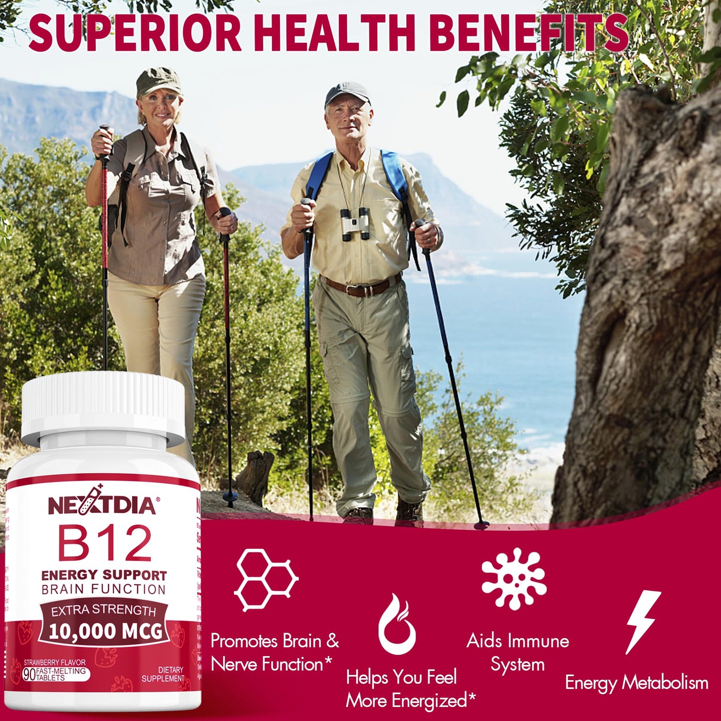 B12 Vitamins 10,000 mcg, Methylated Vitamin B12 Sublingual - Energy Boost, Focus, Metabolism & Brain Health Support, Immune System Support, Fast Dissolve, Natural Strawberry Flavor, 180 Servings