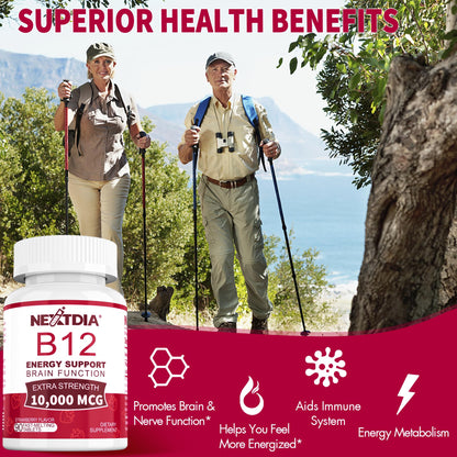 B12 Vitamins 10,000 mcg, Methylated Vitamin B12 Sublingual - Energy Boost, Focus, Metabolism & Brain Health Support, Immune System Support, Fast Dissolve, Natural Strawberry Flavor, 180 Servings