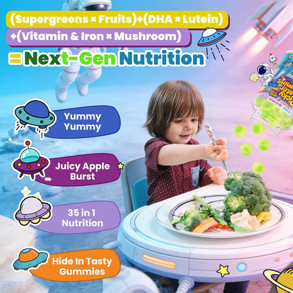 Toddlers 2-3 & Kids 4+ Picky Eater Vitamins with Iron, for Minors Aged 2-17, Children Teens Multiviamin Supergreen Filled Gummies, Methylated B6, B9,B12, Fruits + Veggies + Mushroom, Sugar Free