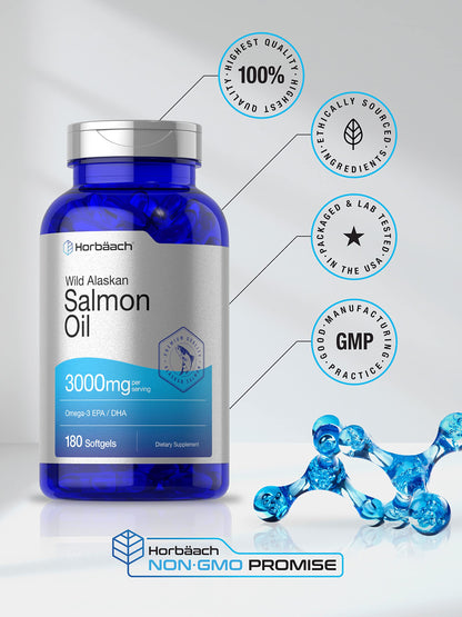 Wild Alaskan Salmon Fish Oil | 180 Softgel Capsules | Gluten Free, Non-GMO | High Potency
