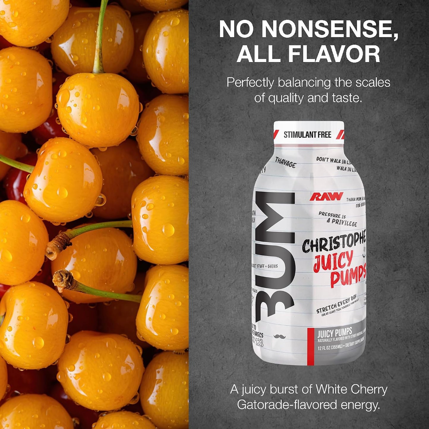 RAW Ready to Drink Pre-Workout Drink, Juicy Pumps (White Cherry) - Bum Pump RTD Zero-Sugar Energy Supplement Drink - Caffeine-Free & Sugar-Free Energy Drinks with L-Citrulline, 12 Fl Oz