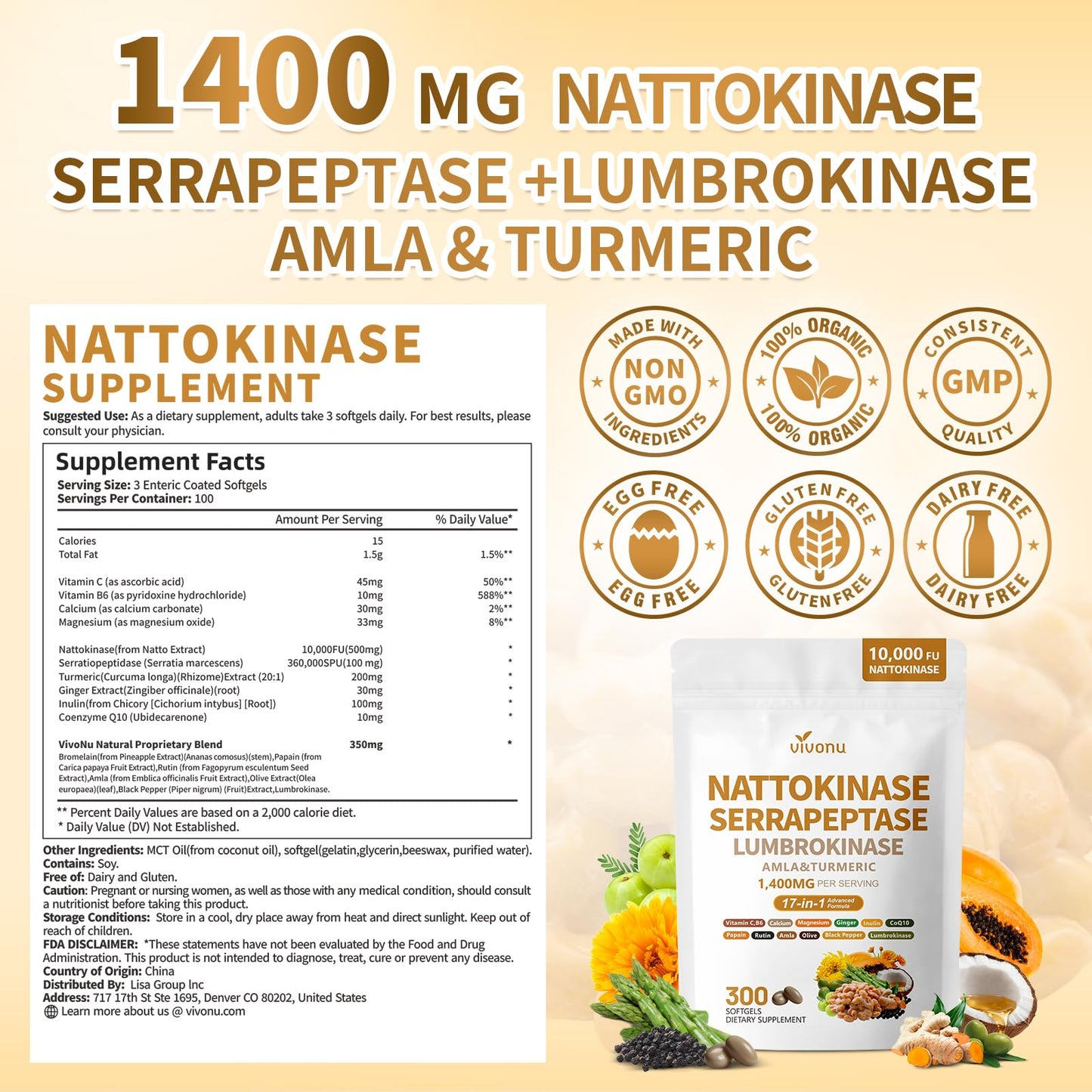 VivoNu Nattokinase 300 Softgels, 500mg(10,000 FU) Per Serving | 17-in-1 Organic Nattokinase Supplement with Serrapeptase*,Lumbrokinase*,CoQ10,AMLA&Turmeric|for Heart* Health|Non-GMO