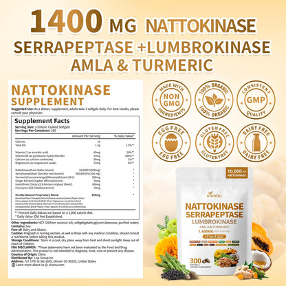 VivoNu Nattokinase 300 Softgels, 500mg(10,000 FU) Per Serving | 17-in-1 Organic Nattokinase Supplement with Serrapeptase*,Lumbrokinase*,CoQ10,AMLA&Turmeric|for Heart* Health|Non-GMO