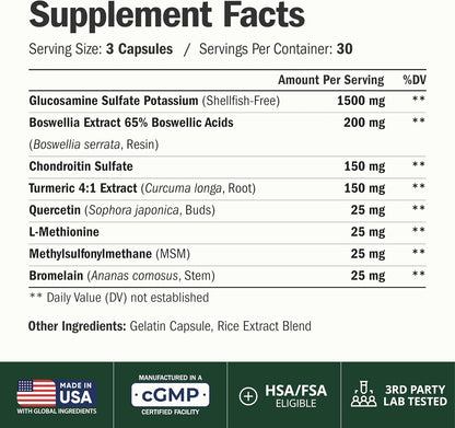 Glucosamine Chondroitin MSM Joint Support Supplement for Women & Men 90 Ct