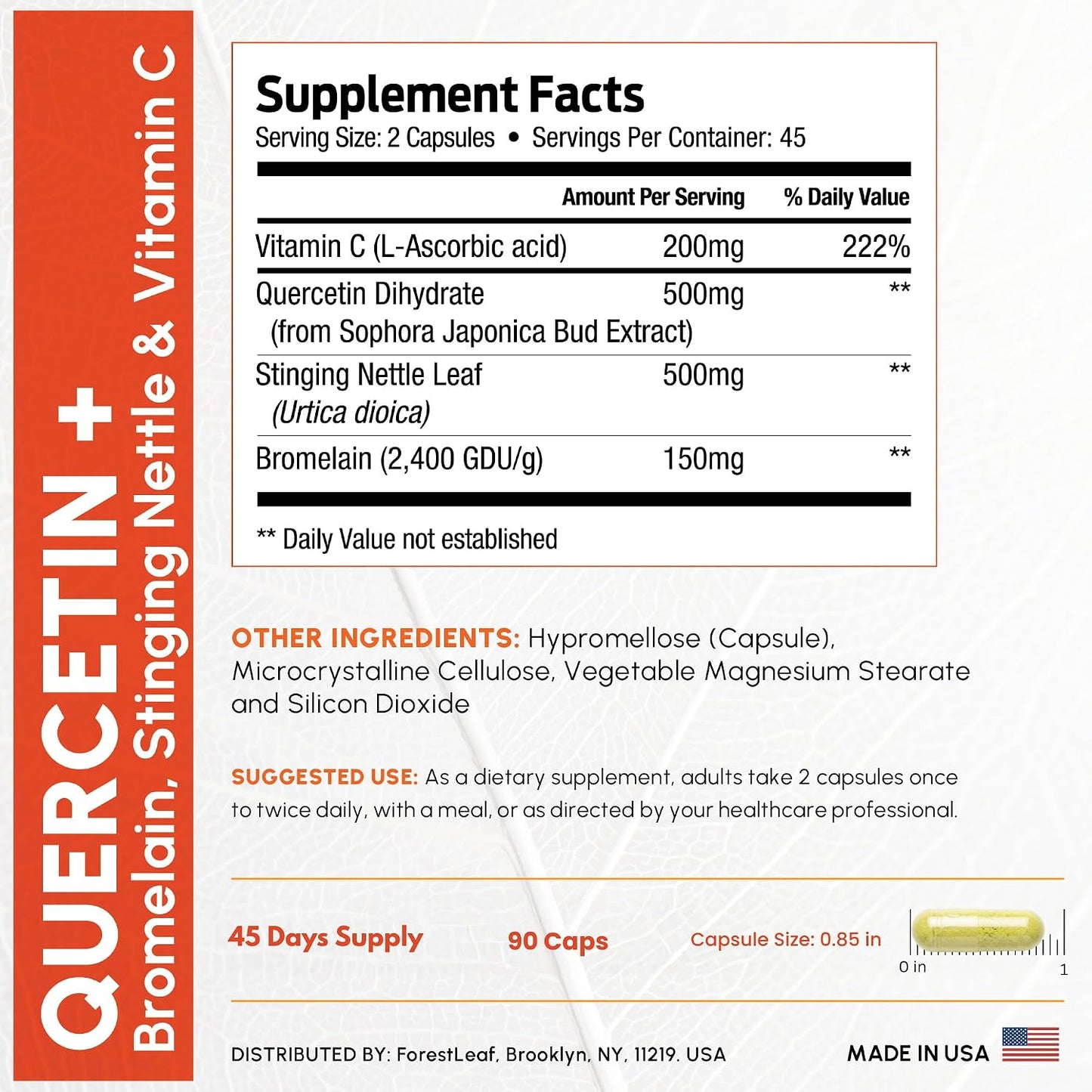 ForestLeaf Quercetin with Bromelain 1350mg - Blend with Vitamin C & Stinging Nettle Supplement, Quercetin 500mg Capsules, Non-GMO Gluten Free, Natural Function, 90 Veggie Caps