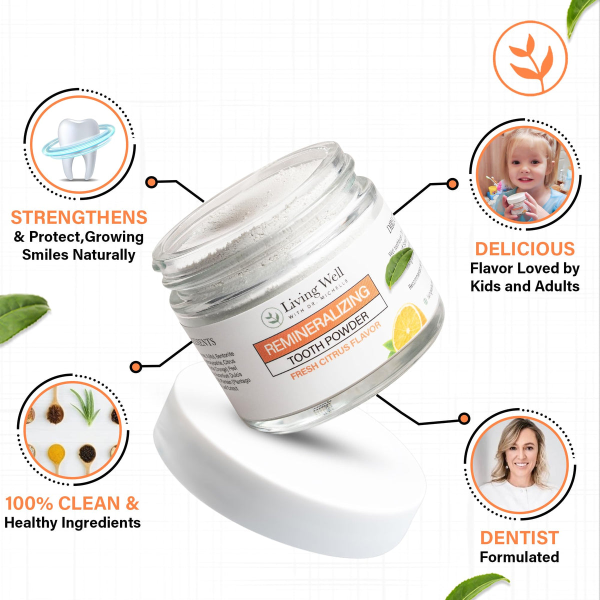 Living Well Dr. Michelle Remineralizing & Whitening Tooth Powder, Cool Mint
