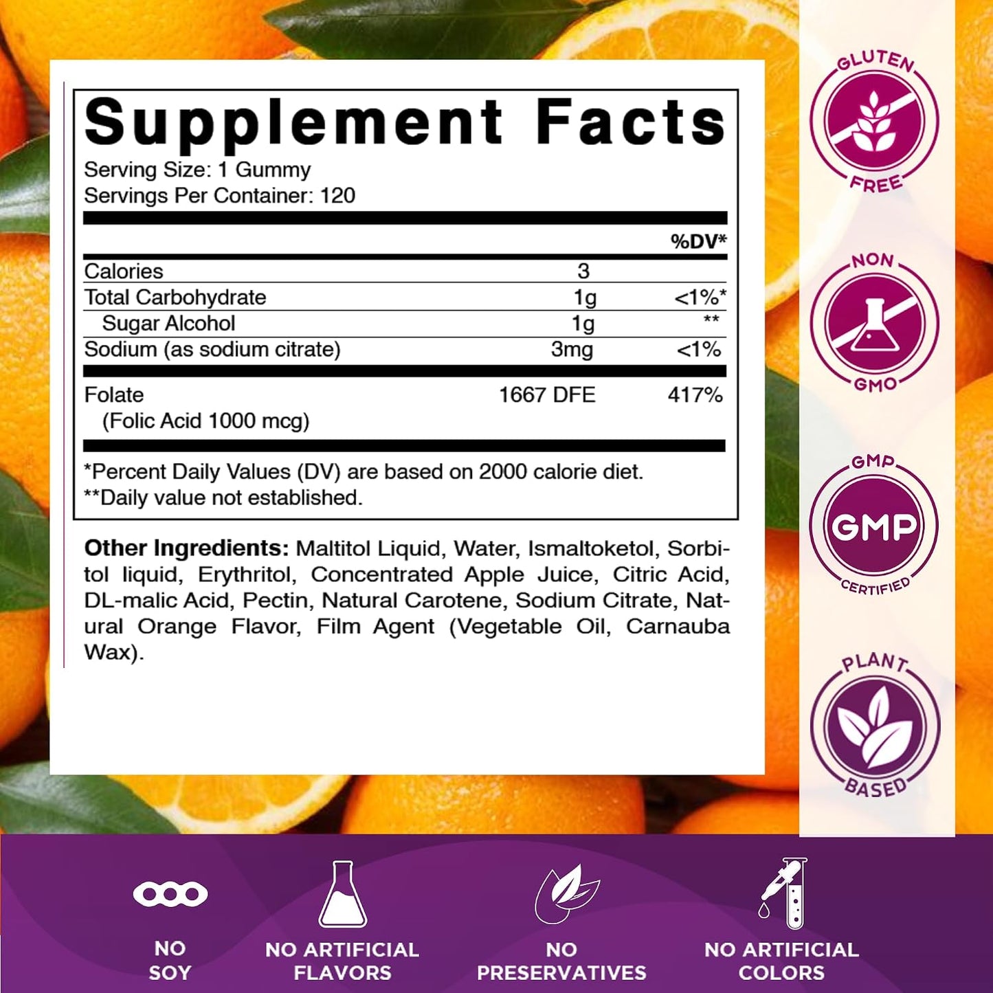 Vitamatic Sugar Free Folic Acid 1 mg Gummies 120 Count Orange Flavor | 1 mg Folic Acid, 1667 mcg DFE per gummy, Healthy cell growth, red blood cell formation, Gluten Free, Non GMO