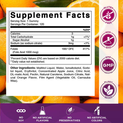 Vitamatic Sugar Free Folic Acid 1 mg Gummies 120 Count Orange Flavor | 1 mg Folic Acid, 1667 mcg DFE per gummy, Healthy cell growth, red blood cell formation, Gluten Free, Non GMO