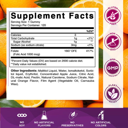Vitamatic Sugar Free Folic Acid 1 mg Gummies 120 Count Orange Flavor | 1 mg Folic Acid, 1667 mcg DFE per gummy, Healthy cell growth, red blood cell formation, Gluten Free, Non GMO