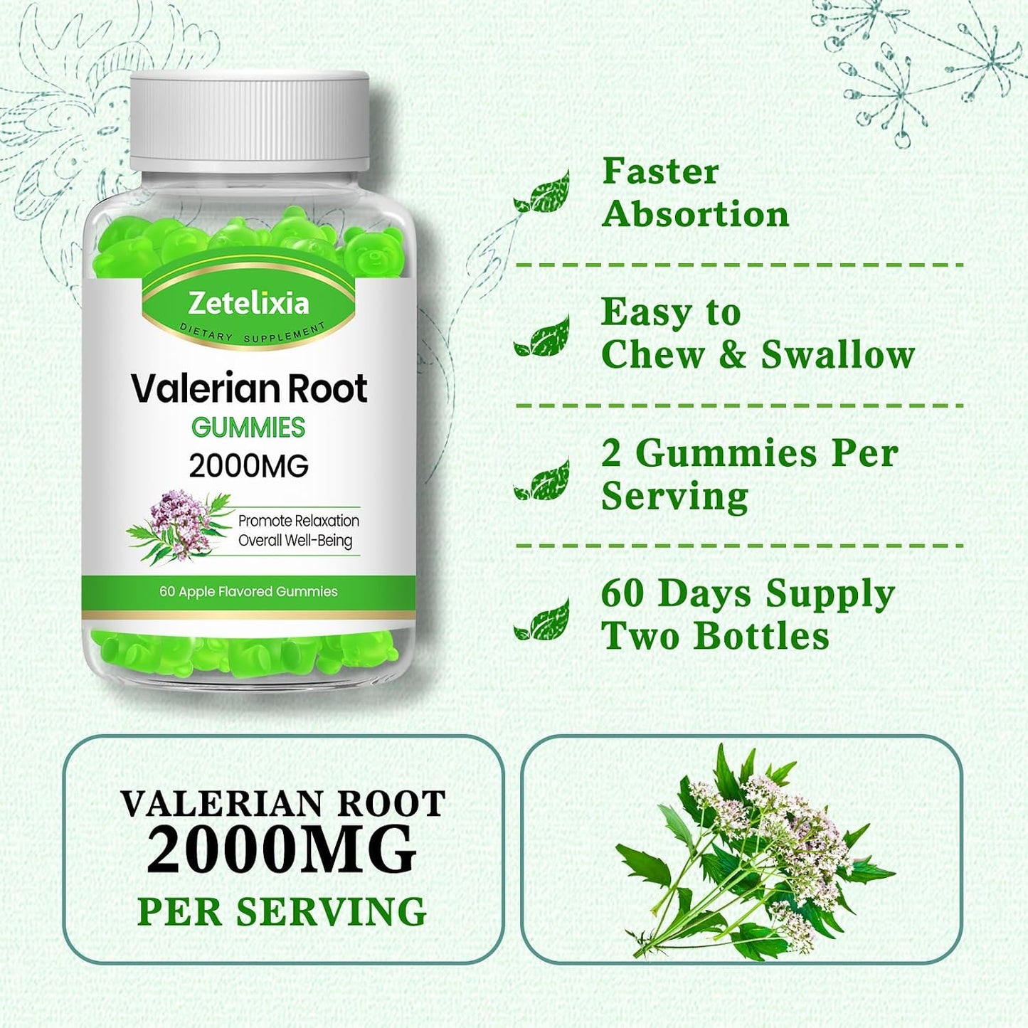2 Pack Organic Valerian Root Gummies, Herbal Supplement for Relaxation & Mood Support, Sleep Gummies Without Melatonin for Adults, Vegan, Non-GMO, Apple Flavor, 120 Count