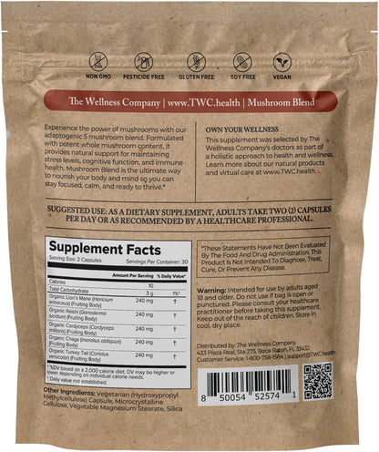 Mushroom Blend - Reishi, Lion's Mane, Turkey Tail, Cordyceps & Chaga, 60ct
