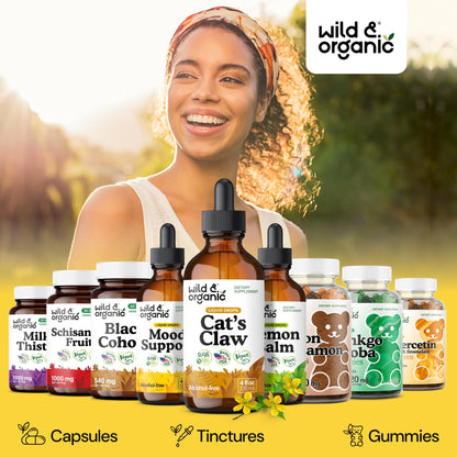 Wild & Organic Cats Claw Herb Supplement - Immune Support - Pure Cats Claw Tincture - Add to Tea Liquid Drops - Uncaria Tomentosa Bark - Vegan, Sugar & Alcohol-Free - 4 fl oz
