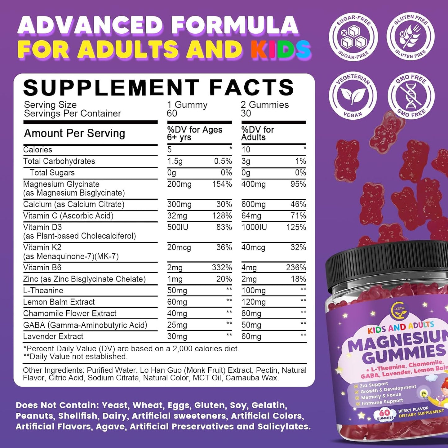 Magnesium Glycinate Gummies 400/200mg for Kids & Adults, NO Melatonin Sleep Aid Magnesium Supplement Gummies with Chamomile, Lavender, L-Theanine & GABA, B6, D3 & K2 for Bone, Relax, Immune Support