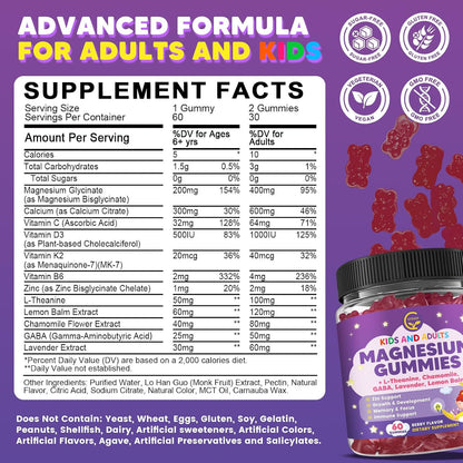 Magnesium Glycinate Gummies 400/200mg for Kids & Adults, NO Melatonin Sleep Aid Magnesium Supplement Gummies with Chamomile, Lavender, L-Theanine & GABA, B6, D3 & K2 for Bone, Relax, Immune Support