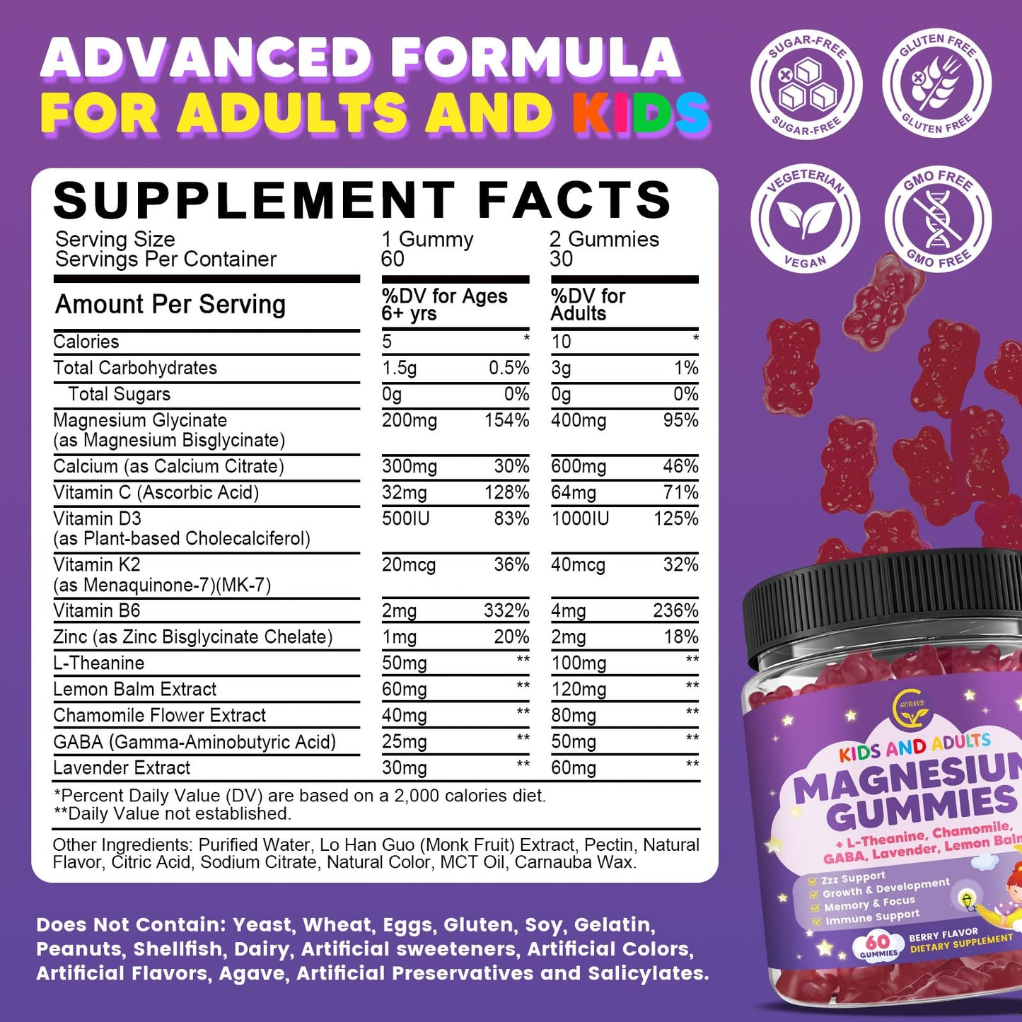 Magnesium Glycinate Gummies 400/200mg for Kids & Adults, NO Melatonin Sleep Aid Magnesium Supplement Gummies with Chamomile, Lavender, L-Theanine & GABA, B6, D3 & K2 for Bone, Relax, Immune Support