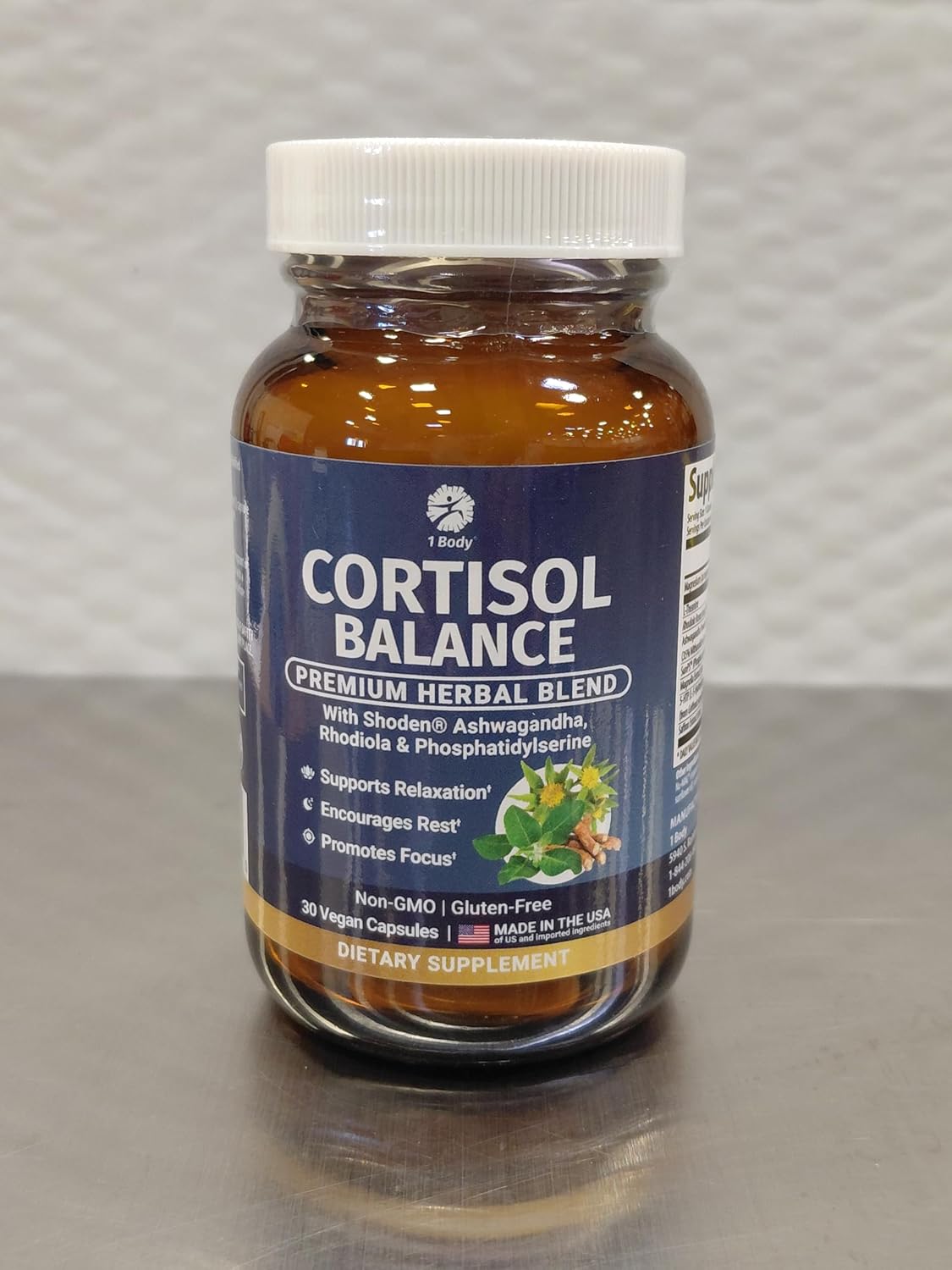 1 Body Cortisol Support with Ashwagandha & Saffron, 30 Vegan Capsules