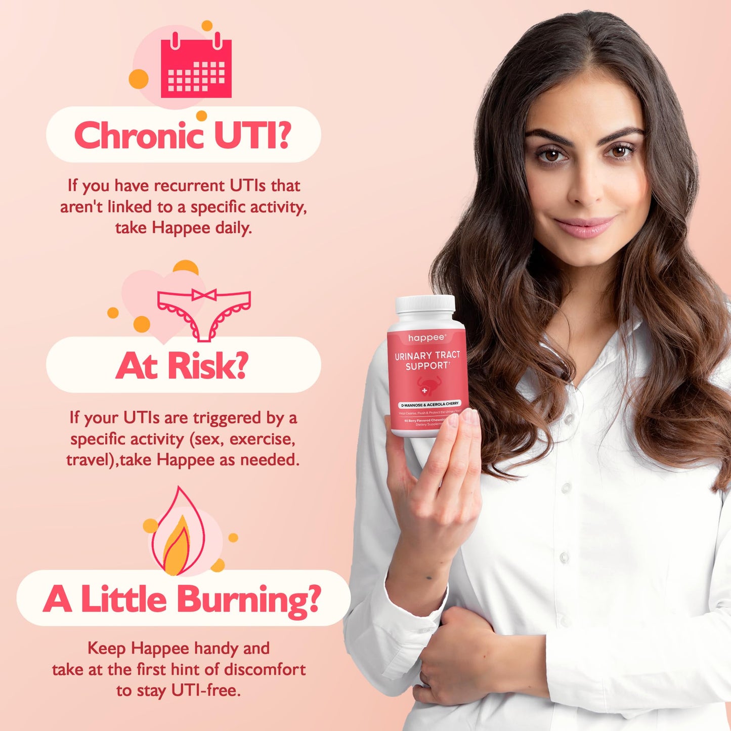 Happee Urinary Tract Health Supplement for Women & Men, Fast-Acting UTI Relief and Prevention, 500mg D-Mannose & Antioxidants, Supports Kidney and Bladder Health, Berry Flavor, 60 Chewables