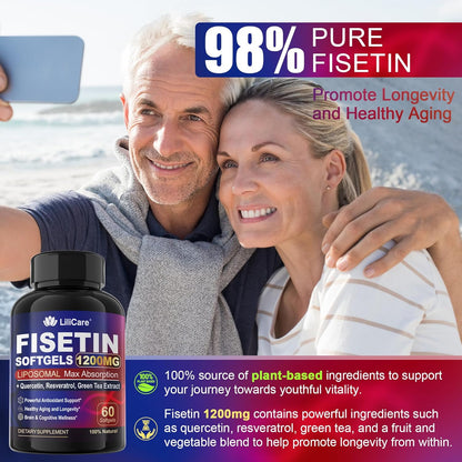 LILICARE Fisetin Supplement - Liposomal Super Absorption 98% Pure 1200mg with Quercetin, Resveratrol, Green Tea Extract for Healthy Aging & Longevity, Skin Health, Brain & Antioxidant - 60 Softgels