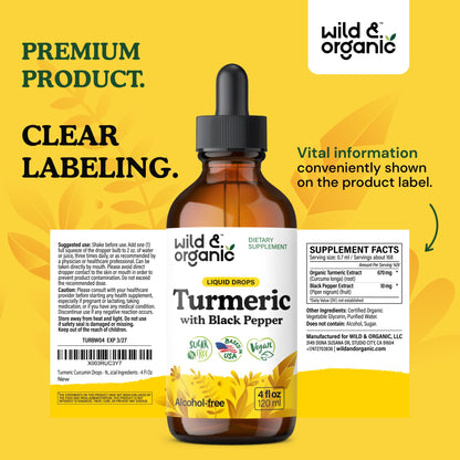 Wild & Organic Turmeric Supplement Liquid Drops - Movement & Immune Support - Liquid Turmeric with Black Pepper Extract - Add to Tea Tincture - Curcumin Supplements - Sugar & Alcohol-Free - 4 fl oz