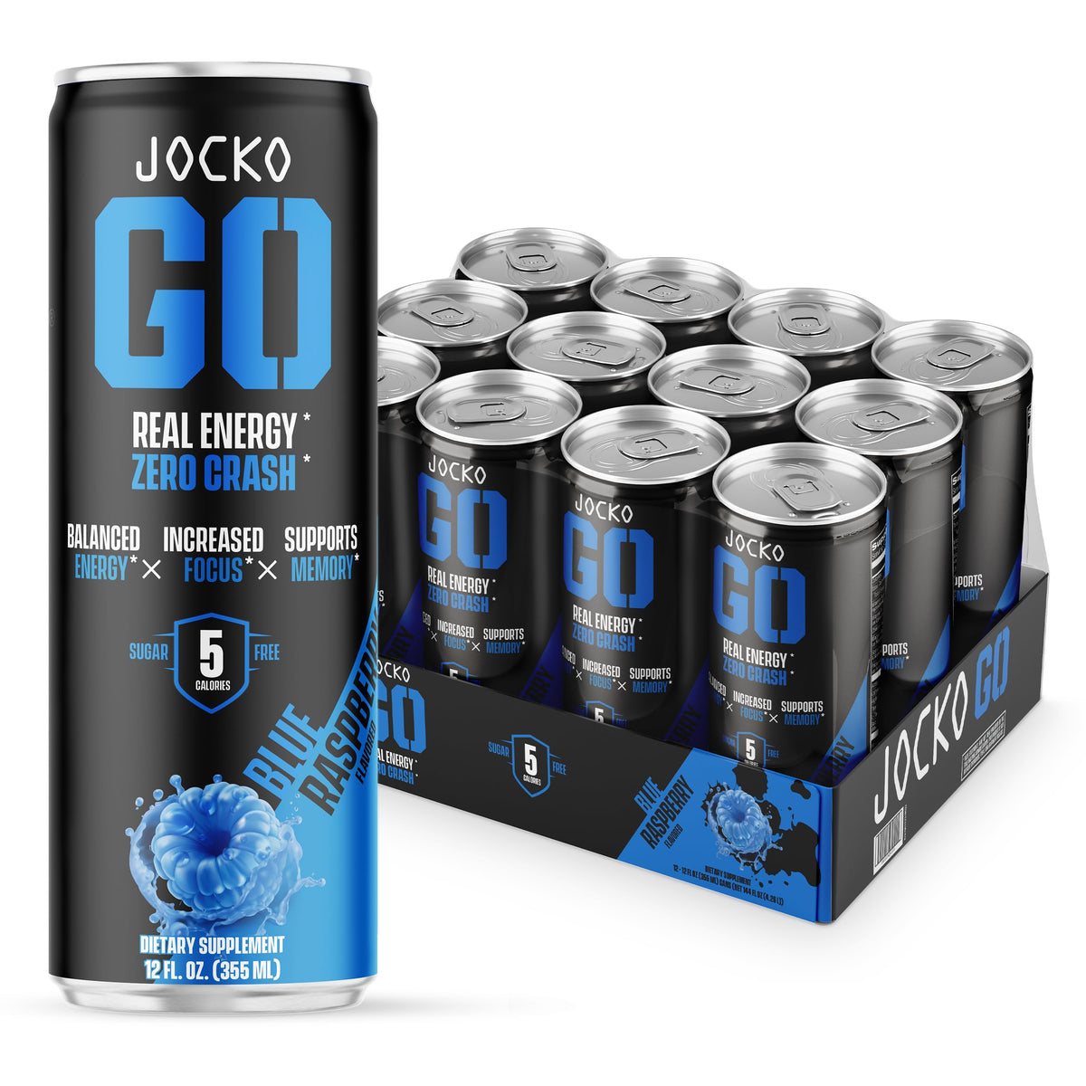 Jocko Fuel Blue Raspberry Energy Drink, 12 Pack, 0 Sugar, 95mg Caffeine, Supports Brain 