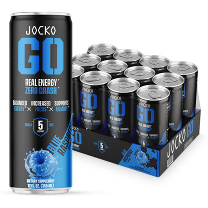 Jocko Fuel Blue Raspberry Energy Drink, 12 Pack, 0 Sugar, 95mg Caffeine, Supports Brain 