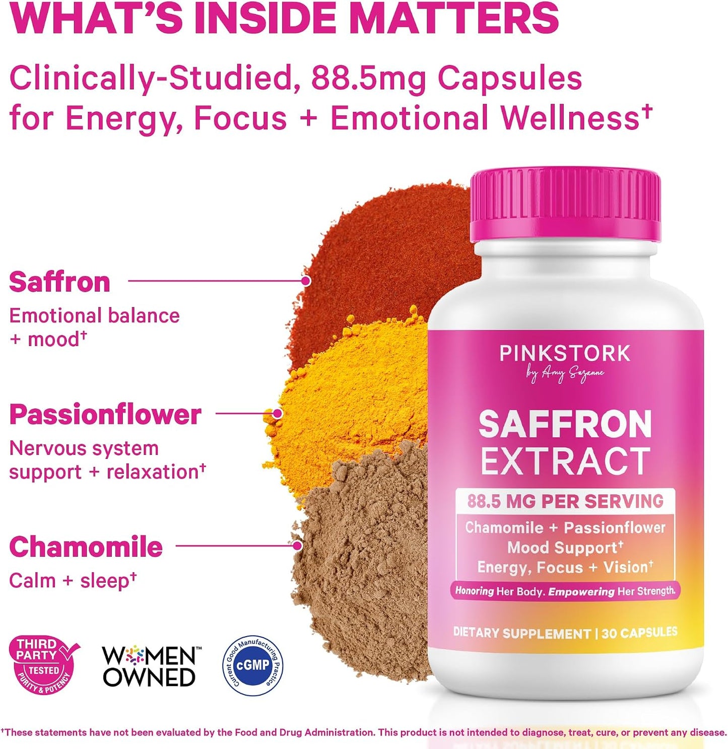 Pink Stork Saffron Extract for Mood Balance for Women, 30 Capsules | 88.5mg Saffron with Chamomile & Passionflower, Stress, Calm + Cortisol Support, Emotional Wellness + Hormonal Mood Balance