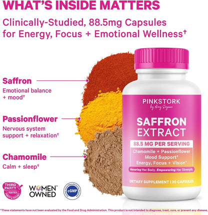 Pink Stork Saffron Extract for Mood Balance for Women, 30 Capsules | 88.5mg Saffron with Chamomile & Passionflower, Stress, Calm + Cortisol Support, Emotional Wellness + Hormonal Mood Balance