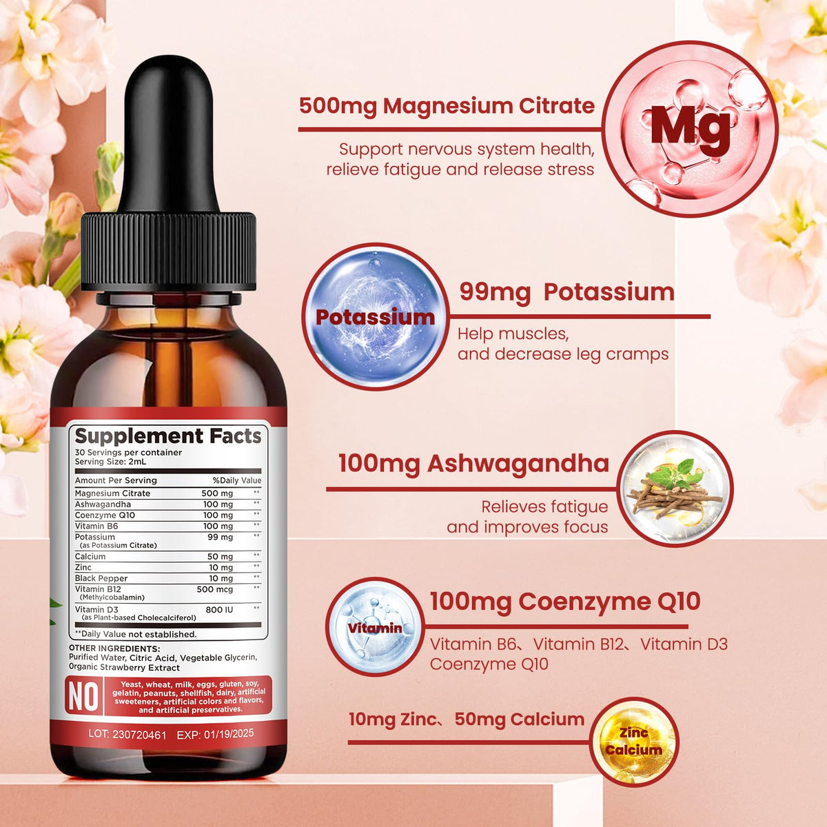 Potassium Magnesium Citrate Supplement, Liquid Magnesium Citrate Drops 500mg