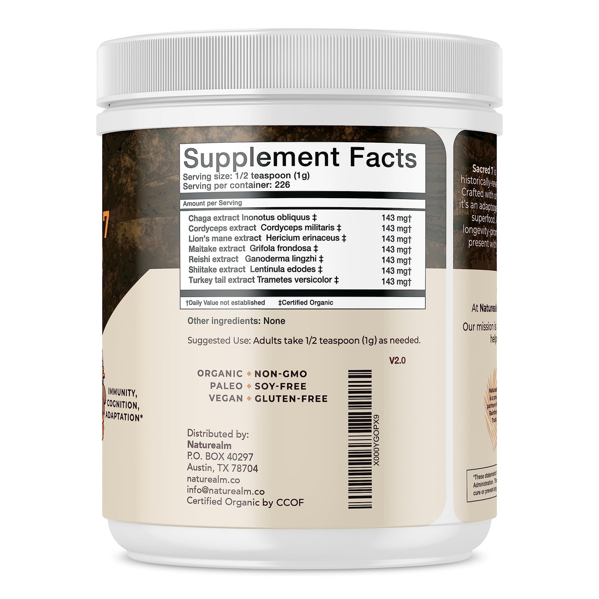 Naturealm Sacred 7 Mushroom Extract Powder - USDA Organic - Lion's Mane, Reishi