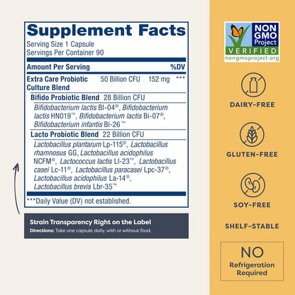 Renew Life Extra Care Digestive Probiotic 50 Billion CFU | 90 Vegetarian Capsules | Supports Digestive, Immune & Respiratory Health | Dairy, Soy and Gluten Free Supplement