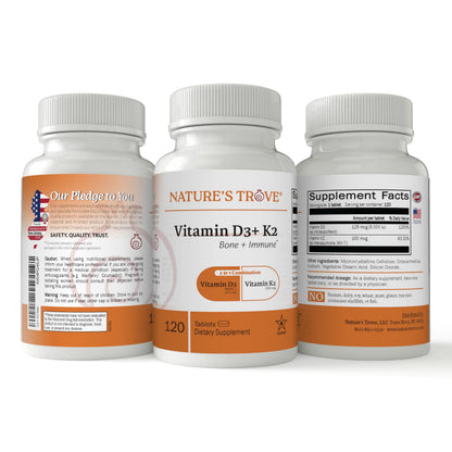 Nature's Trove Vitamin D3 5000 IU Plus K2 100mcg for Bone Health & Immune Support - 120 Tablets - 2-in-1 Formula