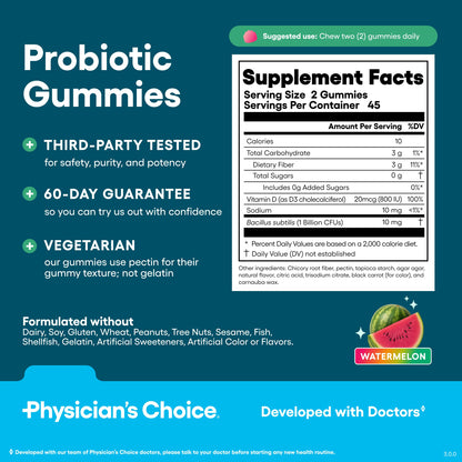 Physician's CHOICE Probiotic Gummies with Vitamin D & Prebiotic Fiber - Sugar Free - 1B CFUs of Clinically Studied Probiotic - Supports Immune & Gut Health for Women & Men - Watermelon Flavor - 60CT