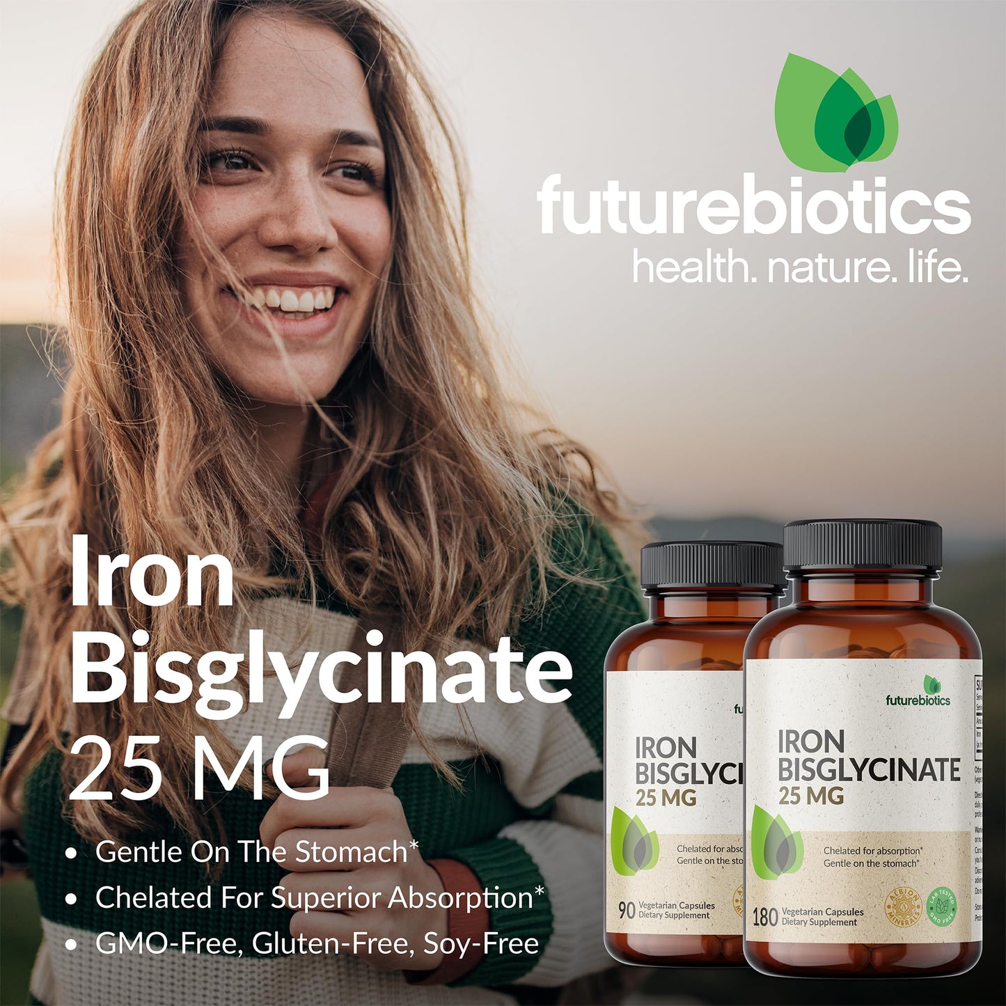 Futurebiotics Iron Bisglycinate 25mg Gentle on The Stomach, Supports Energy & Healthy Red Blood Cell Production - Non-Constipating Formula - Non GMO, 90 Vegetarian Capsules