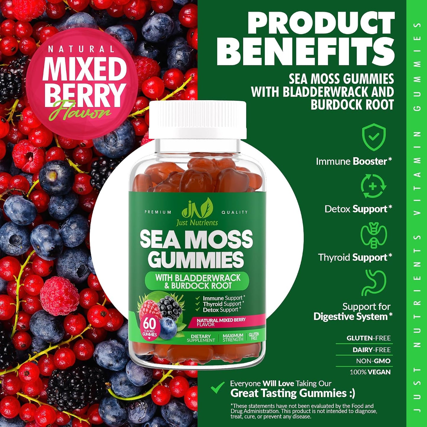 Sea Moss 3000mg Gummies with Bladderwrack and Burdock Root for Men & Women | Natural Irish Sea Moss Superfood for Immune, Thyroid and Detox Support - Extra Strength, Berry Flavor, Gluten-Free, Vegan
