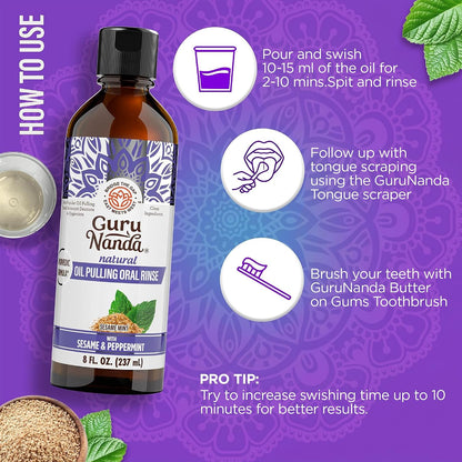 GuruNanda Sesame Oil Pulling Alcohol Free Mouthwash with Peppermint Oil 8oz