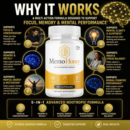 Memo Honey Capsules, MemoHoney Formula Supplement Pills 5-Pack 300 Capsules