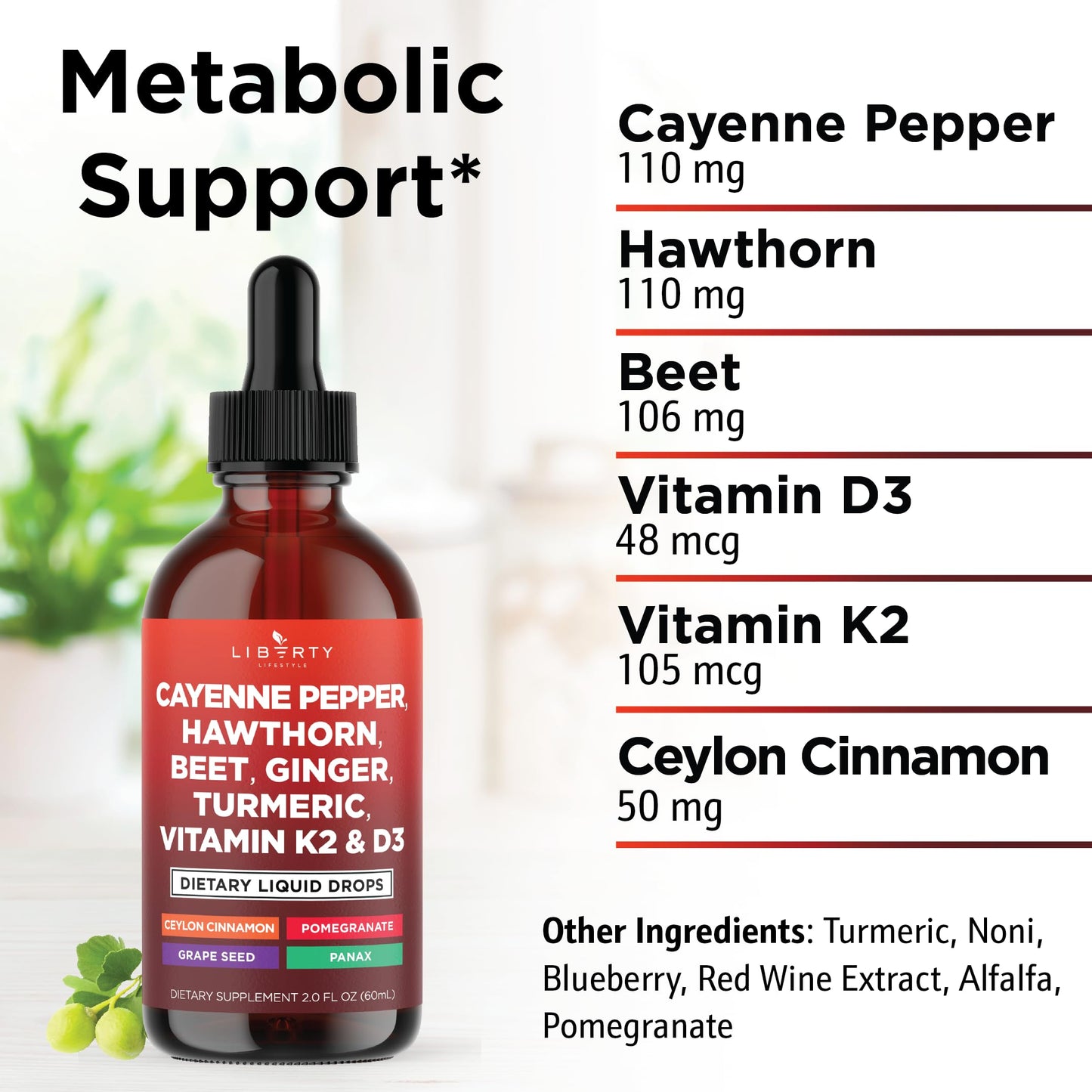 Cayenne Pepper Supplement Liquid Drops + Hawthorn Berry, Vitamin D3 K2 Beet Root Powder, Ceylon Cinnamon, Turmeric Curcumin, Organic Panax Ginseng - 4oz