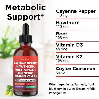 Cayenne Pepper Supplement Liquid Drops + Hawthorn Berry, Vitamin D3 K2 Beet Root Powder, Ceylon Cinnamon, Turmeric Curcumin, Organic Panax Ginseng - 4oz