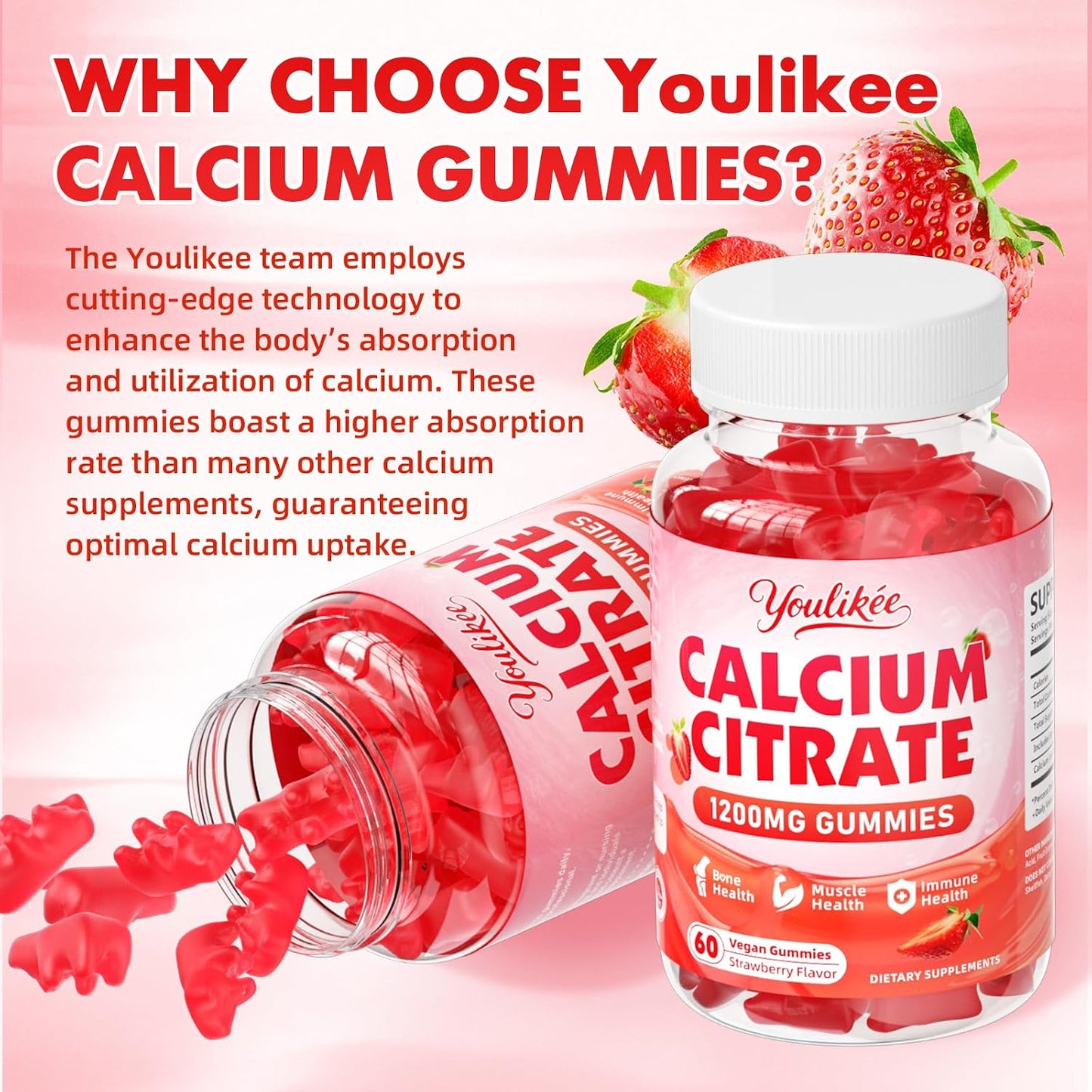 Calcium Citrate Gummies 1200 mg, Calcium Supplement for Women & Men | Ultimate Absorption Calcium Gummies for Muscle & Immune Support, Strawberry Flavor, 60 Count