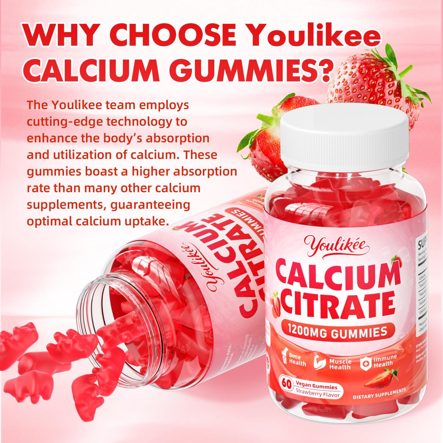 Calcium Citrate Gummies 1200 mg, Calcium Supplement for Women & Men | Ultimate Absorption Calcium Gummies for Muscle & Immune Support, Strawberry Flavor, 60 Count