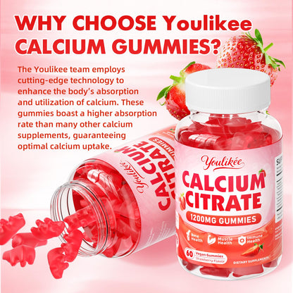 Calcium Citrate Gummies 1200 mg, Calcium Supplement for Women & Men | Ultimate Absorption Calcium Gummies for Muscle & Immune Support, Strawberry Flavor, 60 Count