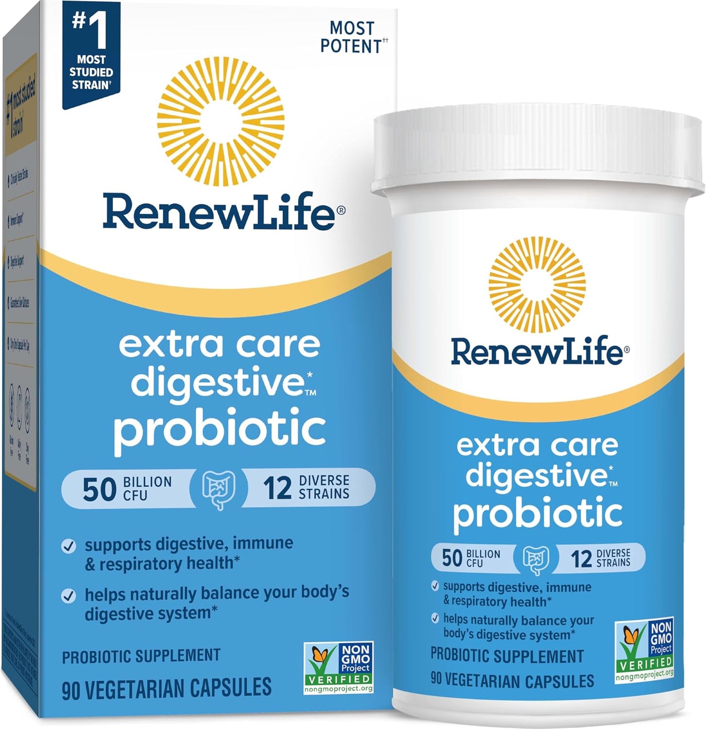 Renew Life Extra Care Digestive Probiotic 50 Billion CFU | 90 Vegetarian Capsules | Supports Digestive, Immune & Respiratory Health | Dairy, Soy and Gluten Free Supplement