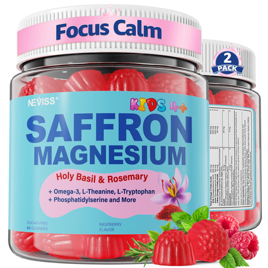 Saffron +Magnesium Glycinate +Omega-3 - Calm Focus Gummies for Kids 4+, Saffron Extract Supplement with L-Theanine, Holy Basil, Rosemary, B6, D3 for Happy Mood, Cognition, Nerve, Sugar Free, 2 Pack
