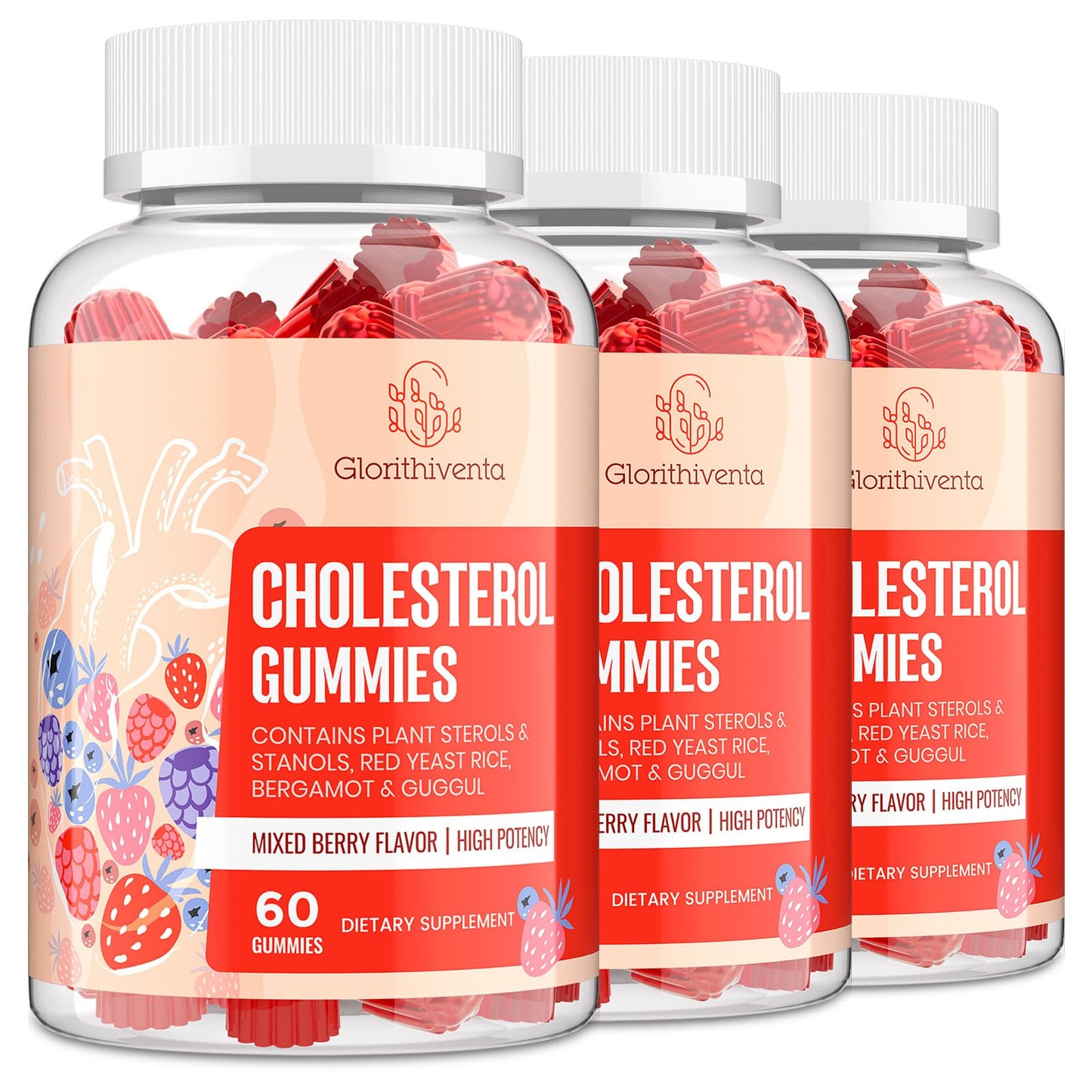 Cholesterol Supplement with Plant Sterols & Stanols, Guggul, Bergamot Orange Extract, Red Yeast Rice, Plant Sterols Complex Gummies, Mixed Berry Flavor, 60 Counts