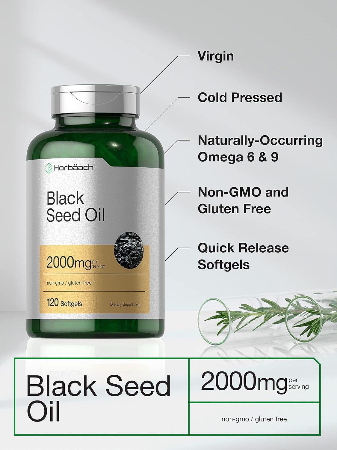 Horbaach Black Seed Oil Cold Pressed Softgel Capsules | 2000mg | 120 Count | Supplement with Omega 6 and 9 | Nigella Sativa | Non-GMO and Gluten Free