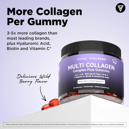 Vital Vitamins Multi Collagen Complex Plus Gummies - Collagen Peptides Types I, III & V with Hyaluronic Acid, Biotin, Vitamin C & Vitamin D - Hair, Skin & Nail Support - Wild Berry - 60 Count