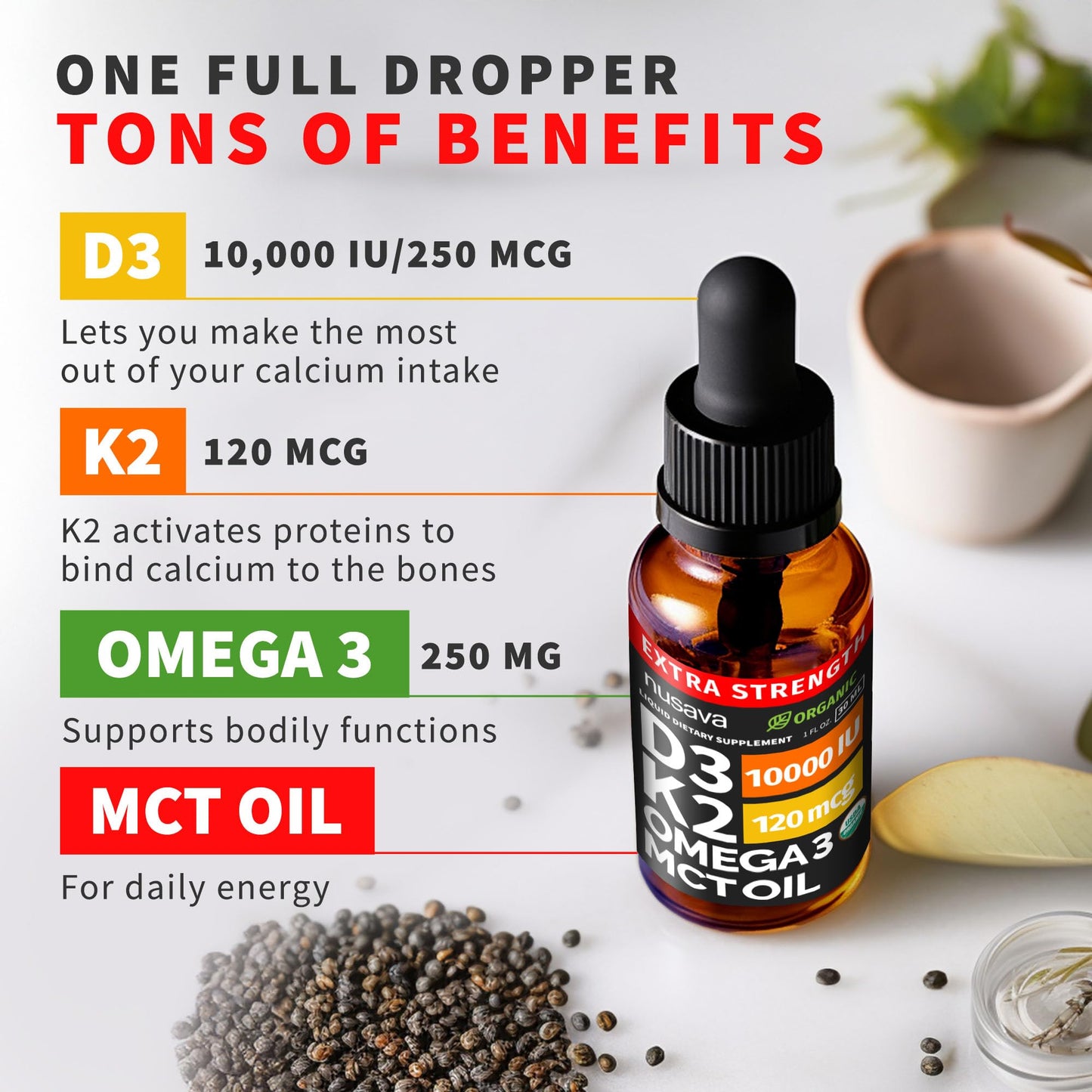 (2 Pack) Organic Vitamin D3 K2 Drops with MCT Oil & Omega 3 - Liquid Vitamin D3 5000 IU - K2 D3 Vitamin Supplement - Vitamin D Drops for Women & Men - No Fillers, Non-GMO, GMP, Unflavored (2 Fl Oz)