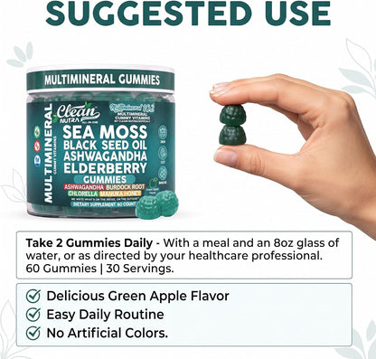 Sea Moss Gummies | Clinically Tested - Black Seed Oil Ashwagandha Elderberry Burdock Root Chlorella Manuka Honey - Vegan Irish Sea Moss Gummy Vitamins for Adults Kids Men Women - Green Apple Flavor