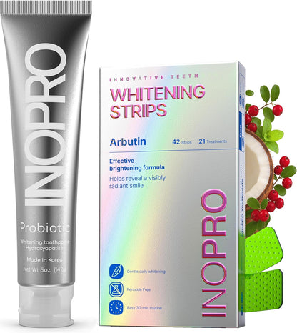 InoPro Teeth Whitening Strips 21 Treatments Kit + InoPro Whitening Hydroxyapatite Toothpaste with Probiotic for Sensitive Teeth 5oz