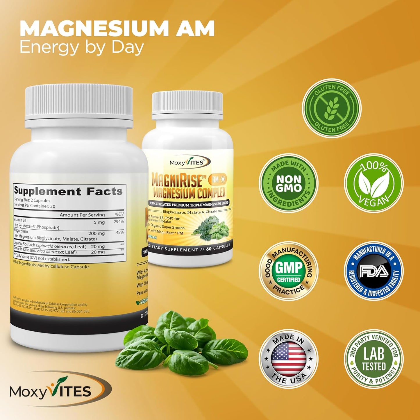 MoxyVites MagniRise™ AM– Magnesium Complex for Women & Men - 200mg Magnesium Bisglycinate, Malate, Citrate, B6, Organic SuperGreens – Chelated, High Absorption – Pairs with MagniRest™ PM – 60 Capsules